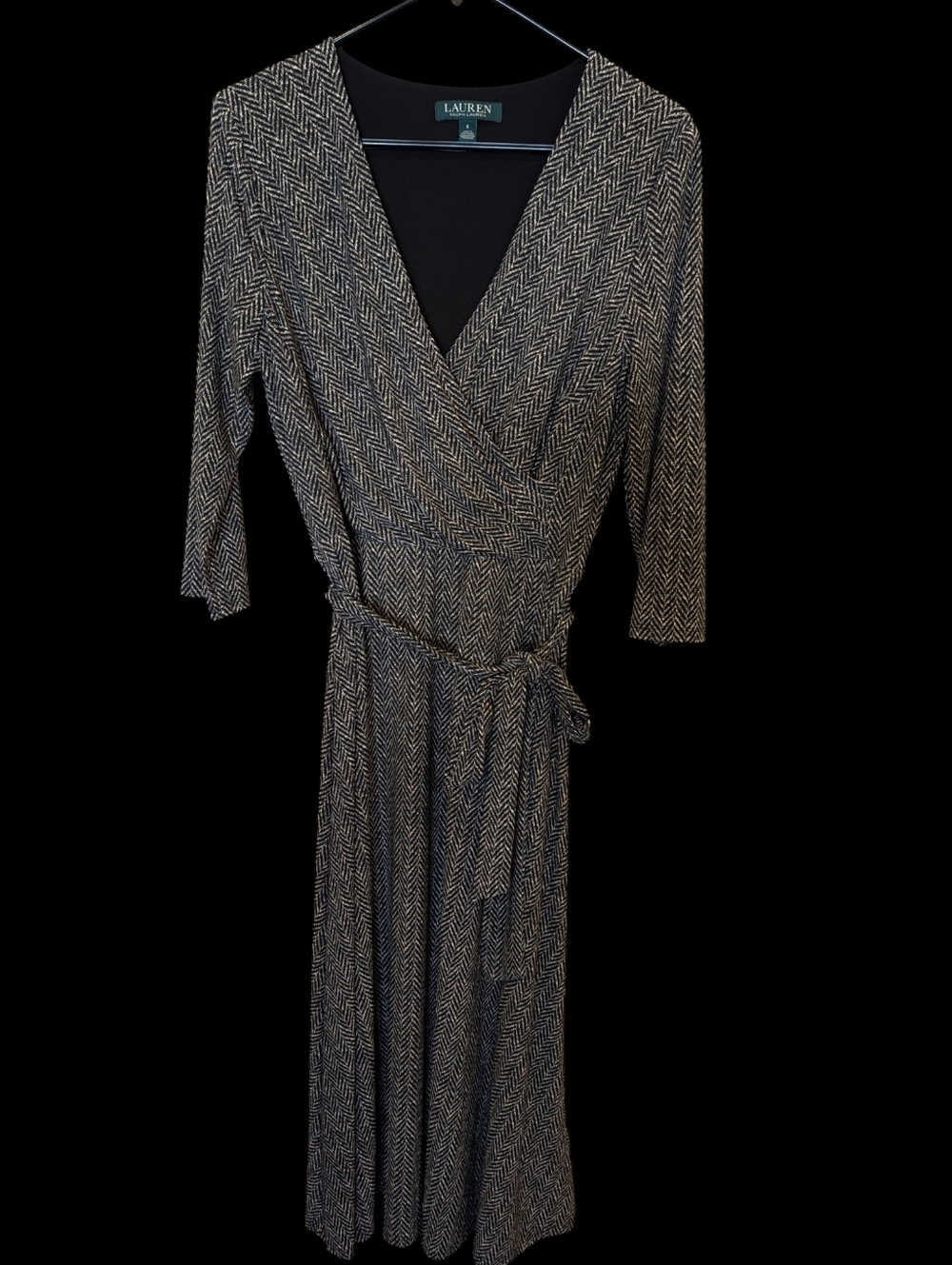 Lauren Ralph Lauren Black/White Herringbone Knit Wrap V-Neck Midi Dress Size 8 - Picture 4 of 6
